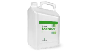 Une vue de profil d'un bidon de 5 litres du produit Mamut. Sur le coté figure l'étiquette du produit de couleur verte et blanche