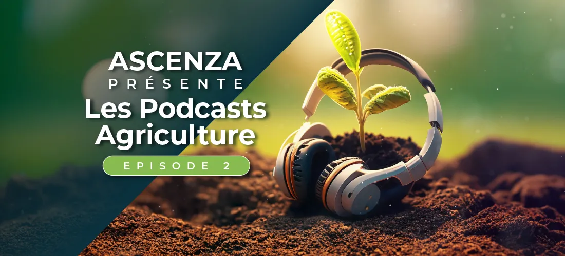 Illustration avec une plantule qui sort de terre autour d'un casque audio. Figure le texte Ascenza présente les Podcasts Agriculture Episode 2