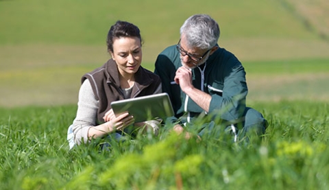 deux agriculteurs, un homme et une femme, dans le champ, observant une tablette représentative de la zone réservée d'ascenza