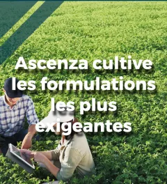 un montage avec 2 personnes dans un champ et le message "Ascenza cultive les formulations les plus exigeantes"