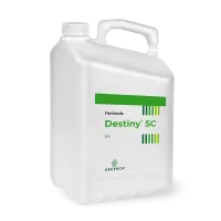 Un bidon de 5 litres de DESTINY SC, l'étiquette est visible avec le nom du produit et les couleurs aux nuances vertes de la gamme herbicide Ascenza