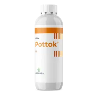 Une vue de face d'une bouteille d'un litre du produit Pottok. Son étiquette est de couleur orange et blanche