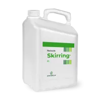 Une vue de profil d'un bidon de 5 litres du produit Skirring. Sur le coté figure l'étiquette du produit de couleur verte et blanche