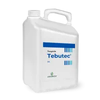 Une vue de profil d'un bidon de 5 litres du produit Tebutec. Sur le coté figure l'étiquette du produit de couleur bleu et blanche