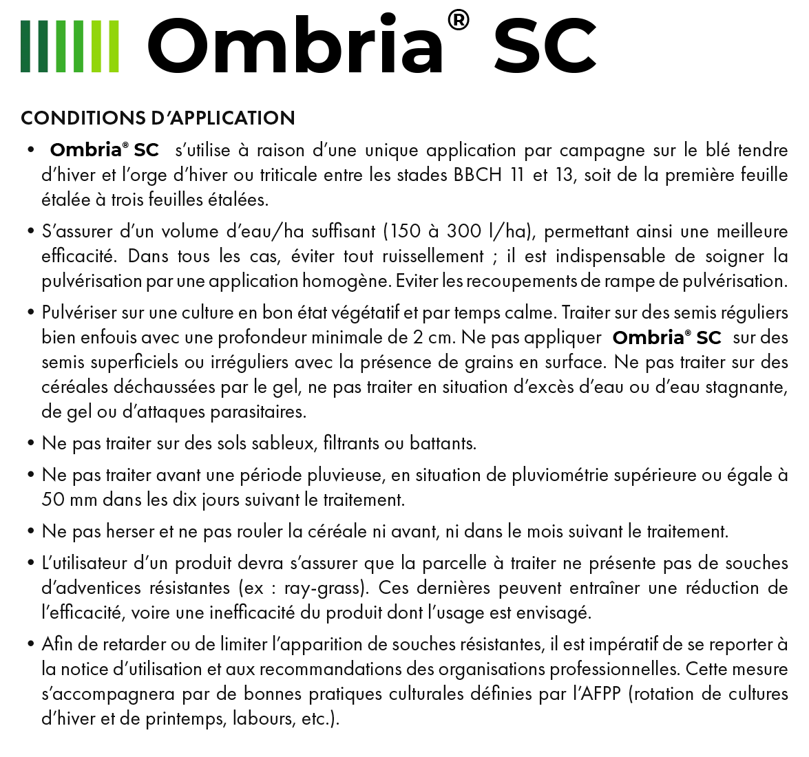 Informations sur les conditions d'application d'Ombria SC